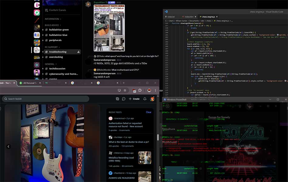 Janelas do meu PC. Alguns softwares estão em execução, mas com uma resolução baixa para detalhar ao certo.